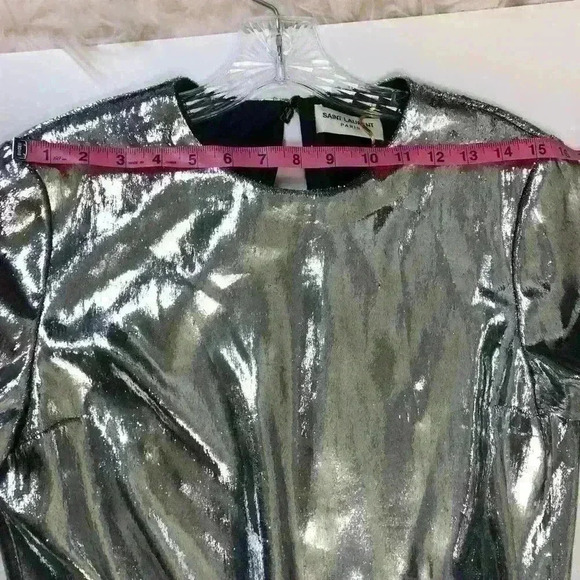 Saint Laurent Womens Silver Draped Waist Faux Wrap Metallic Silk Dress FR 40 - Picture 10 of 16